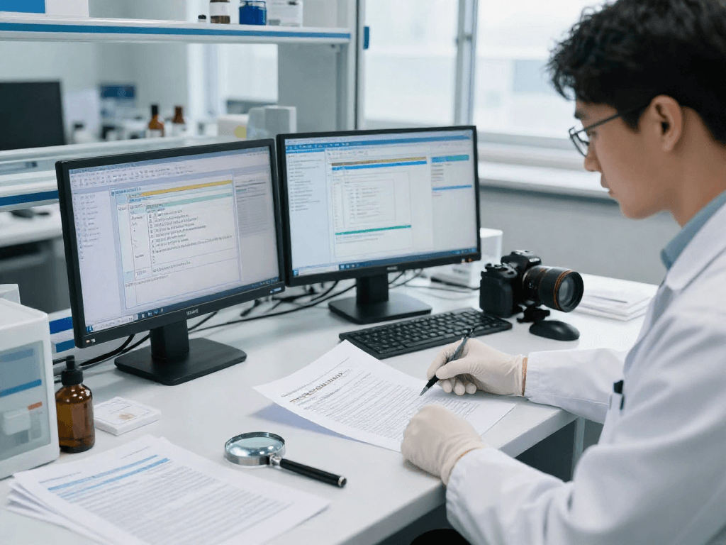 Expert conducting document fraud detection analysis in a high-tech lab environment.