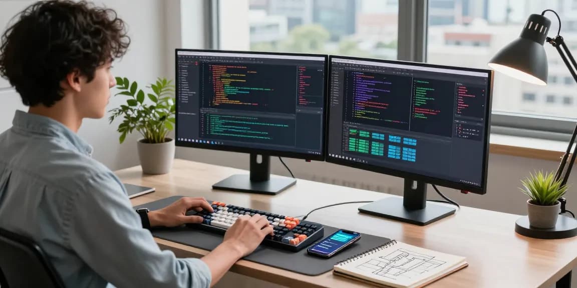 Developer engaged in coding at a sleek workspace featuring crush ai tools and colorful displays.