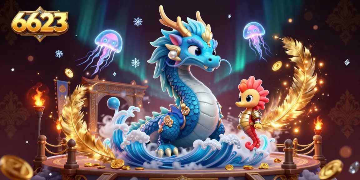 Engage in thrilling gameplay at 6623, featuring a mythical azure dragon and exciting casino elements.