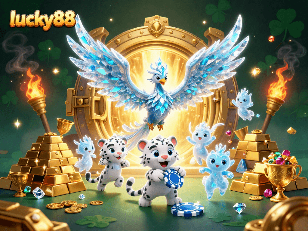 Engage with exciting games at lucky88 while surrounded by vibrant casino elements and magical characters.