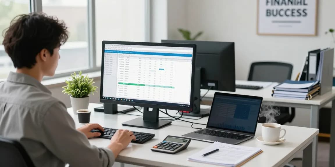 Accountant engaged in small business accounting with financial documents and software