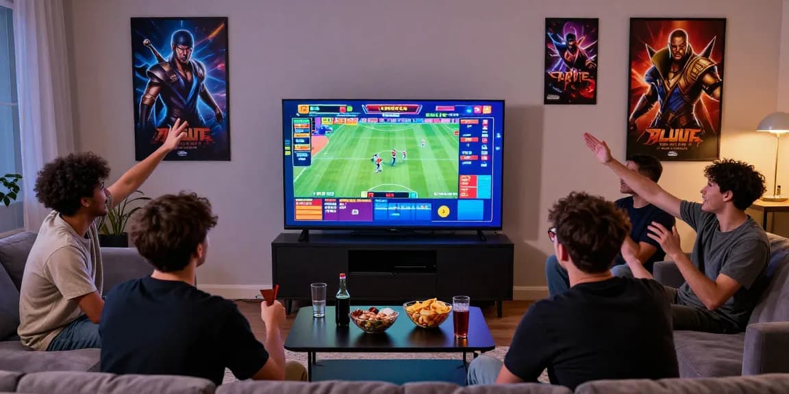 Excited friends enjoying online gaming at https://79club.dev/ with vibrant game graphics and lively atmosphere.