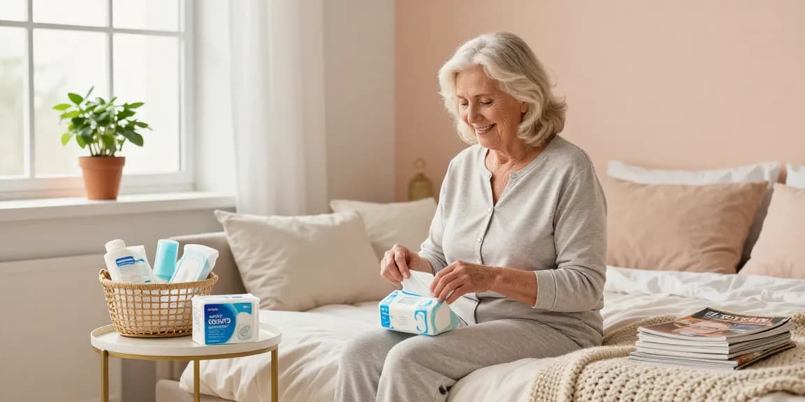 Supportive woman unpacking incontinence supplies in cozy bedroom setting.