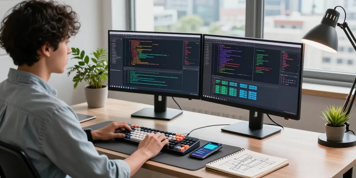 Developer engaged in coding at a sleek workspace featuring crush ai tools and colorful displays.
