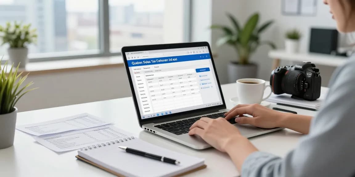 Efficient workspace with the Quebec Sales Tax Calculator displayed on a laptop for quick tax calculations.