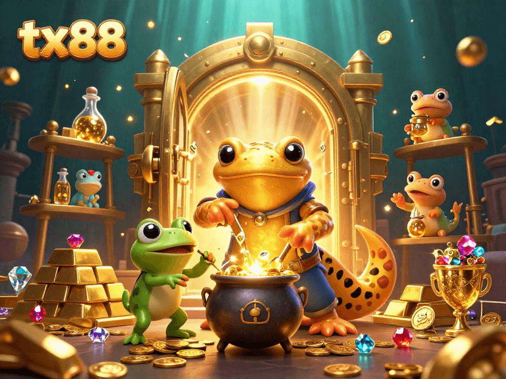 Experience epic winnings at tx88 with the giant golden salamander alchemist and frog apprentice in a treasure-laden scene.