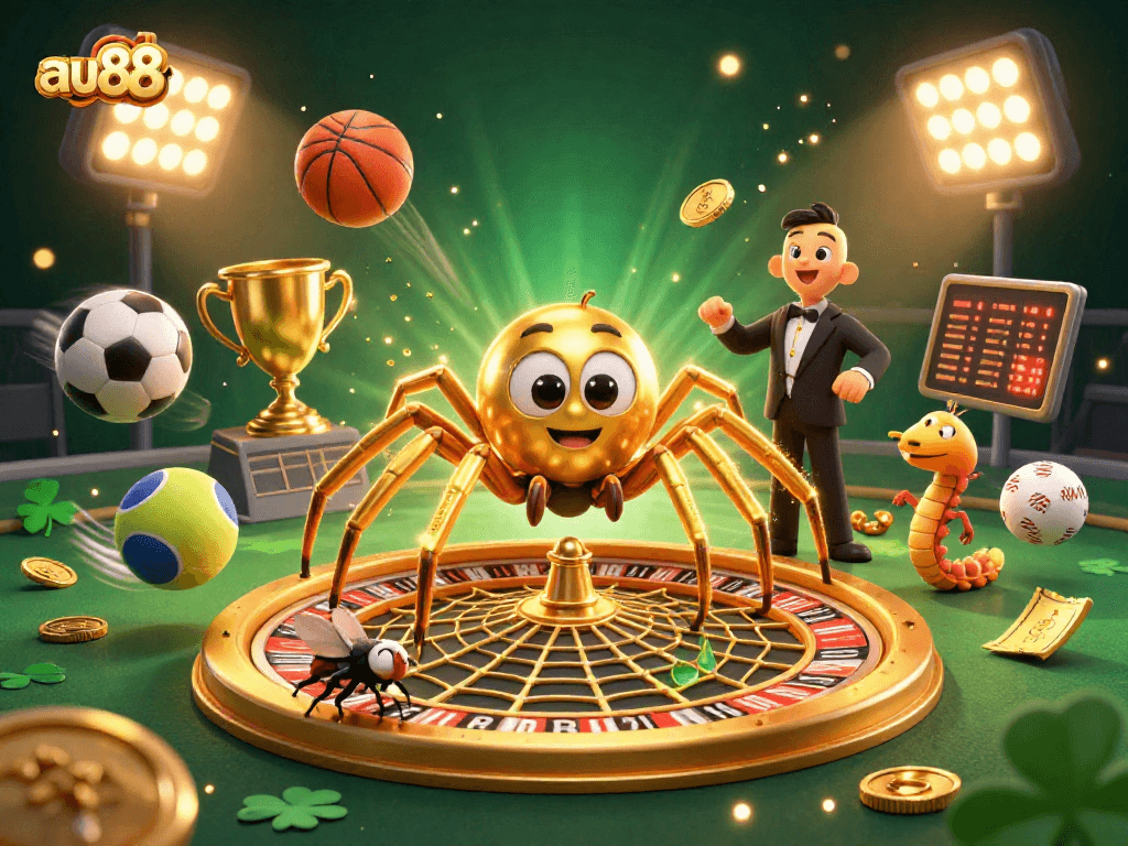 Place bets at au88 with a fly by a spinning roulette wheel while sports balls fly around.