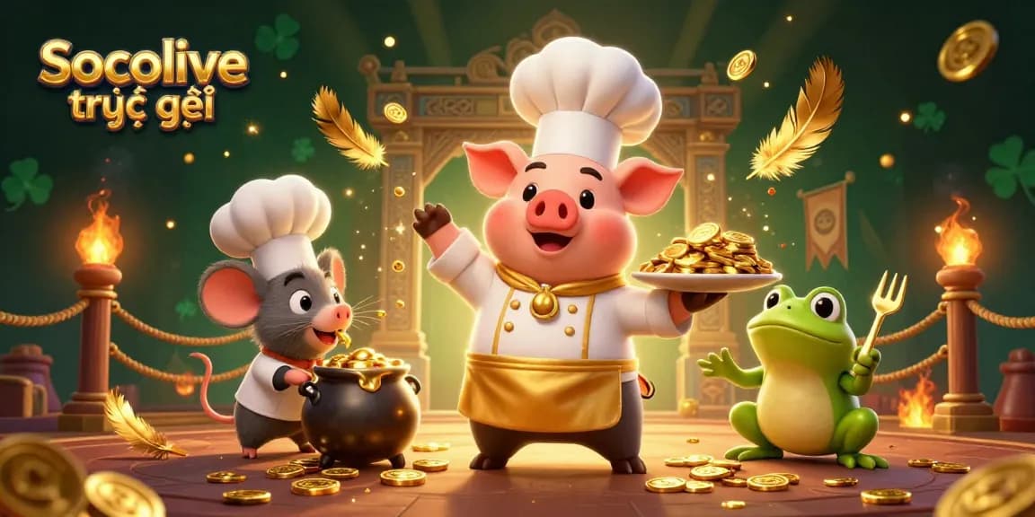 Experience Socolive trực tiếp with energetic characters and golden elements in an immersive gambling scene.