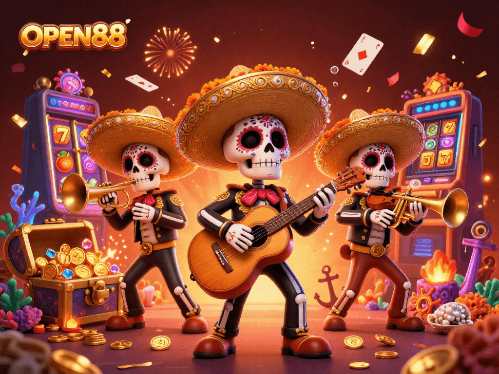 Engage with the colorful OPEN88 casino experience featuring a Day of the Dead mariachi band amidst vibrant slot reels.