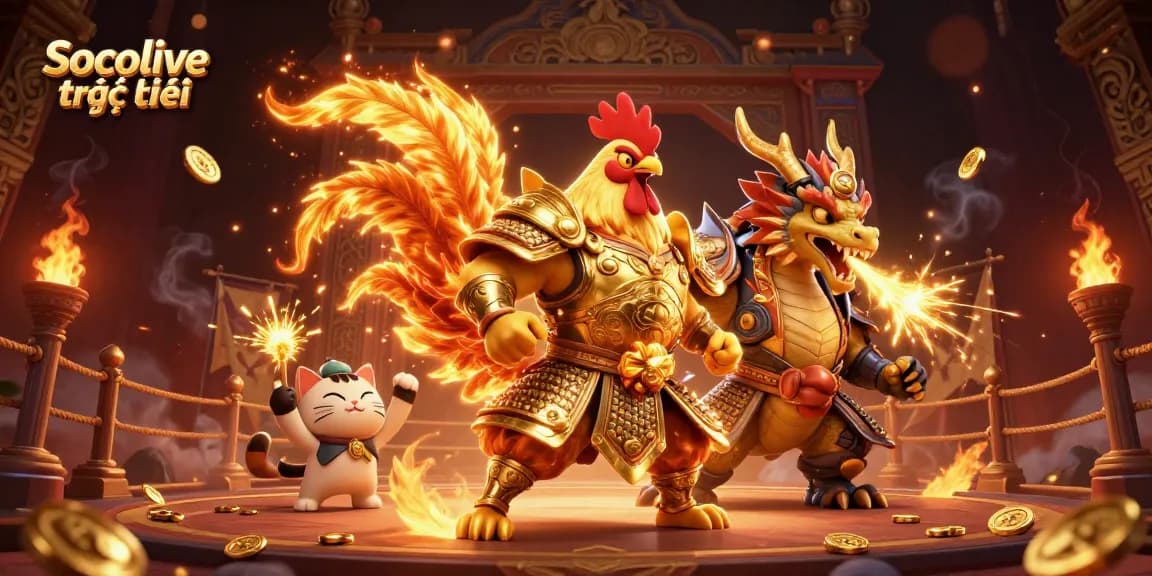 Experience Socolive trực tiếp with an exciting 3D scene featuring a rooster warrior and dragon hatchling in a dynamic betting arena.