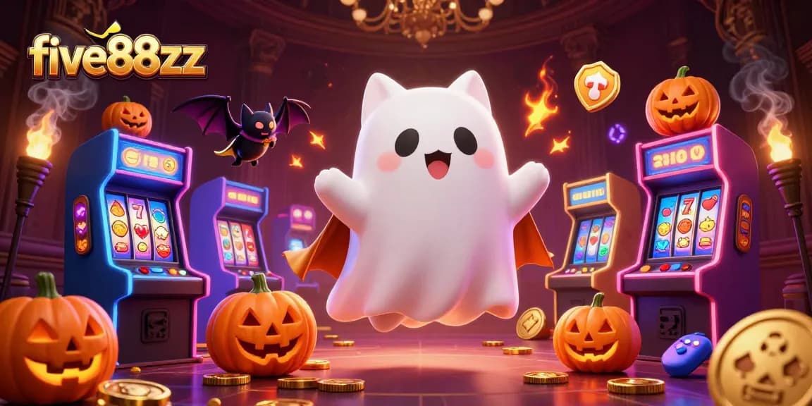 Join five88zz's exciting haunted casino adventure with a ghost cat and vampire bat in a vibrant scene.