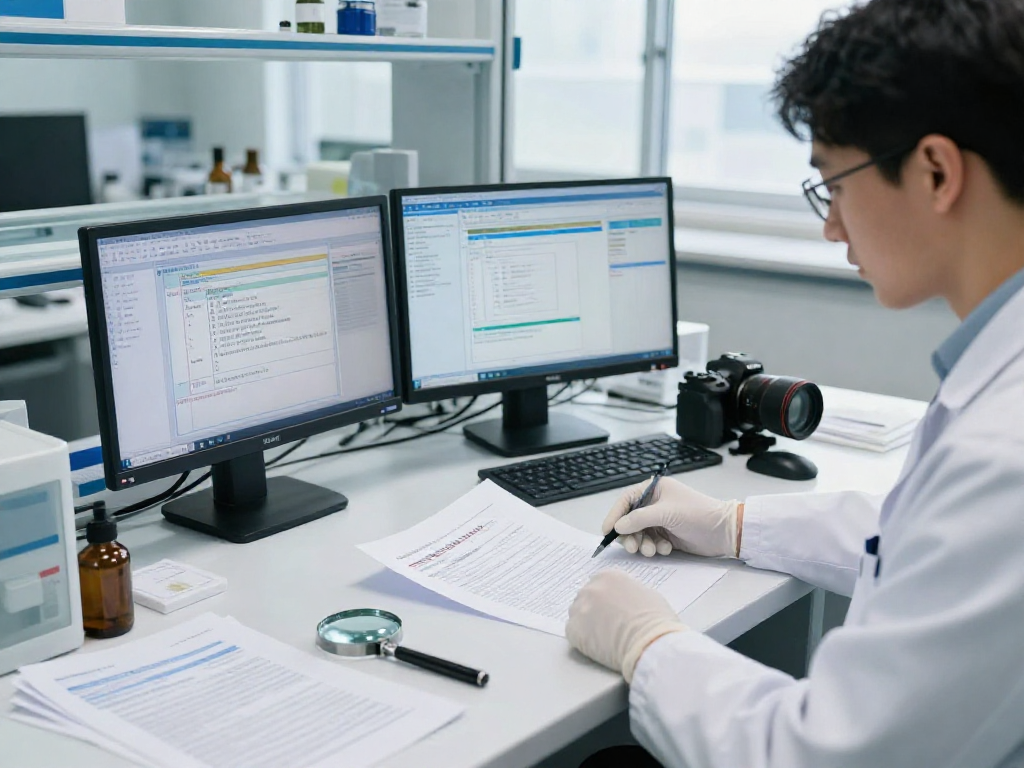 Expert conducting document fraud detection analysis in a high-tech lab environment.