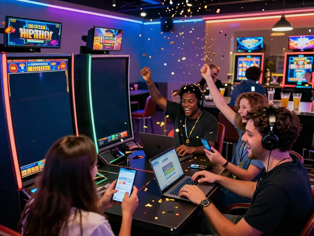 Exciting gaming atmosphere at https://choinohu.vip/ with players celebrating wins in a vibrant virtual casino.