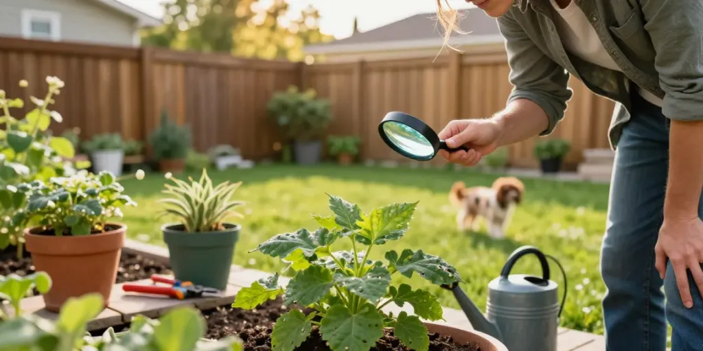 Pest control Calgary expert inspecting plants for pests in a sunny backyard.