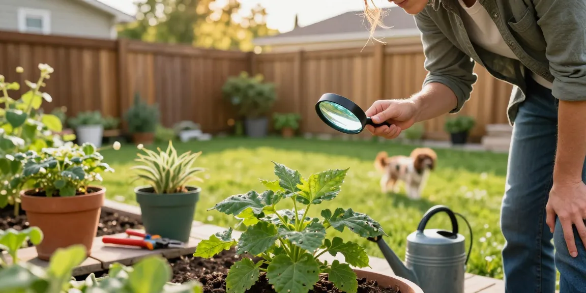 Pest control Calgary expert inspecting plants for pests in a sunny backyard.