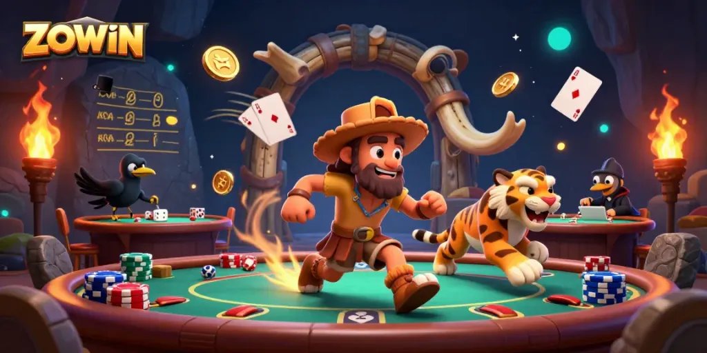 ZOWIN engages players with colorful poker action at a prehistoric casino.