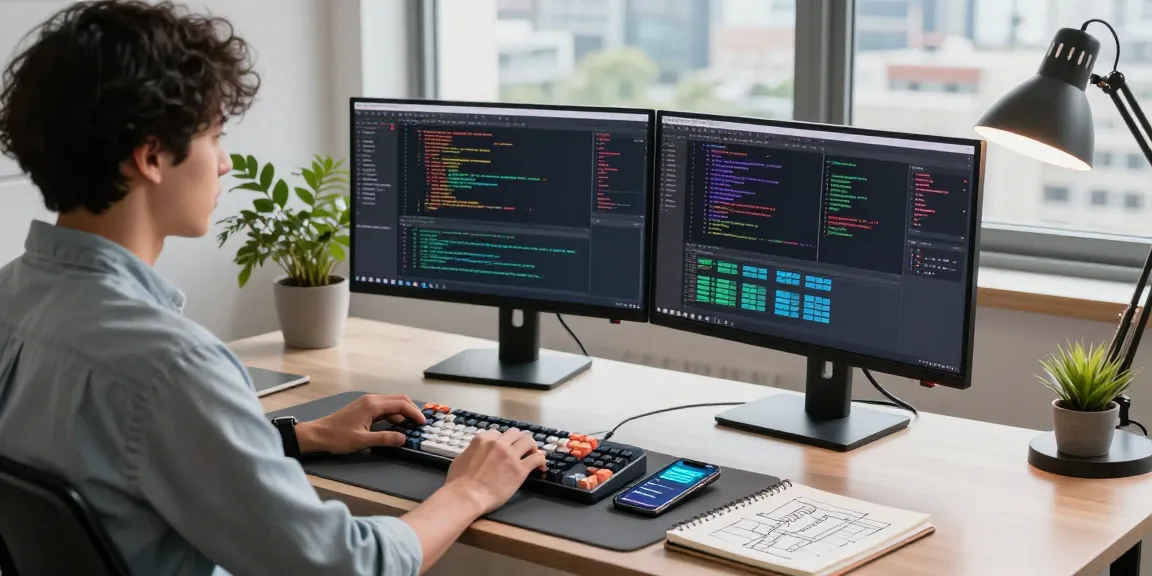 Developer engaged in coding at a sleek workspace featuring crush ai tools and colorful displays.