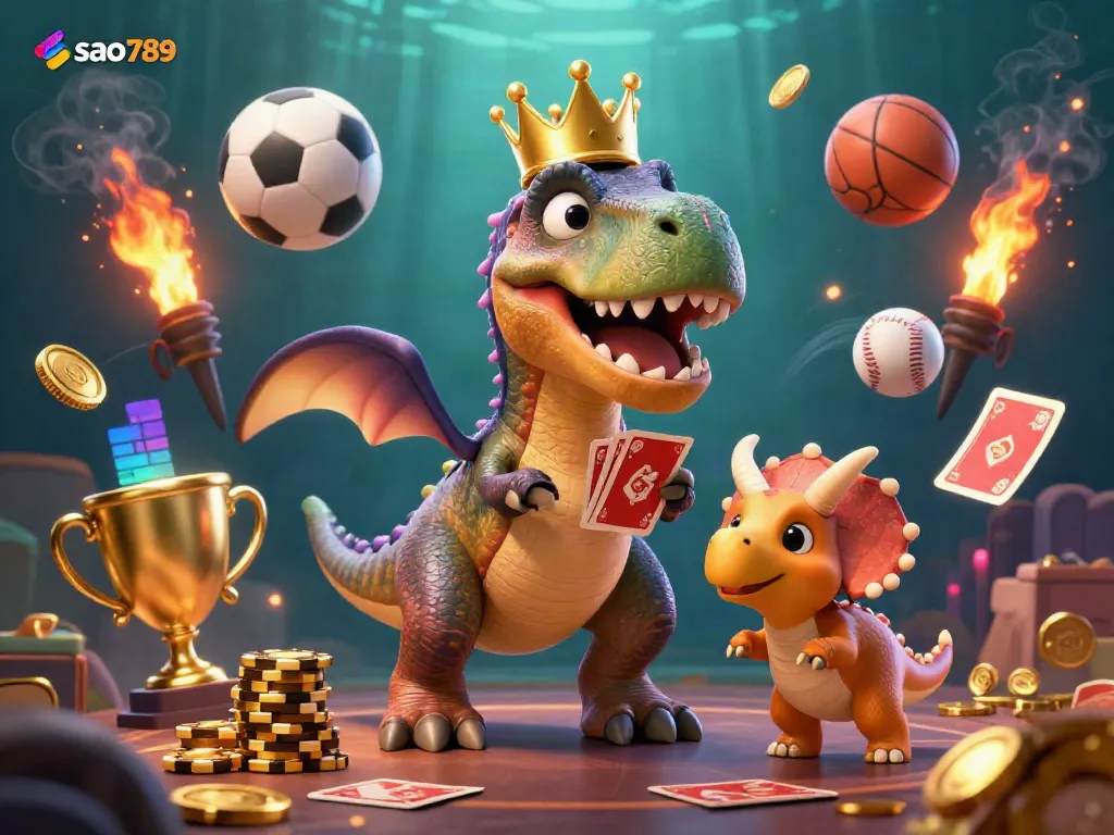sao789 T-Rex shuffling cards with chips and sports elements in a vibrant casino scene