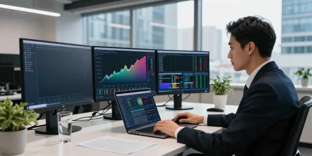 Professional trader analyzing stock data at slatecapivex.ca in a modern office.