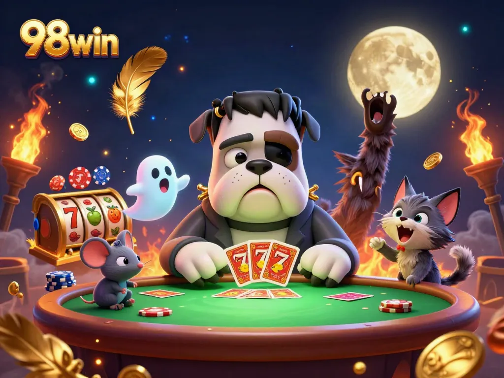 Experience thrilling card games at 98win with a spooky atmosphere featuring vibrant characters.