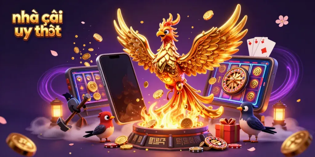 Experience the vibrant world of nhà cái uy tín with a dynamic 3D casino-inspired scene featuring a golden phoenix and exciting game elements.