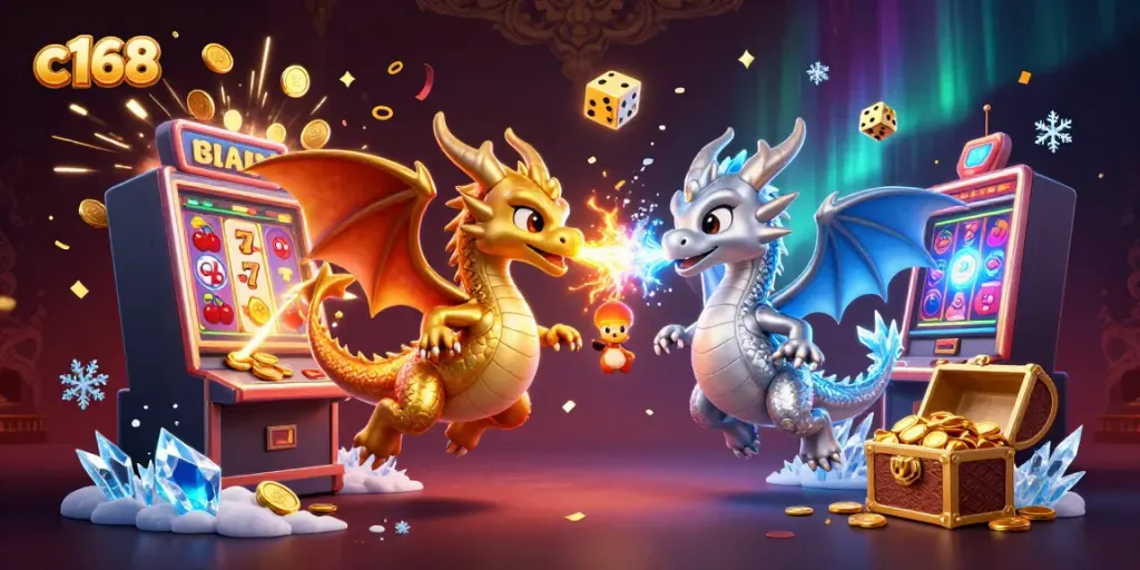 Engage with c168's thrilling gaming world featuring intertwined dragons and festive casino elements.