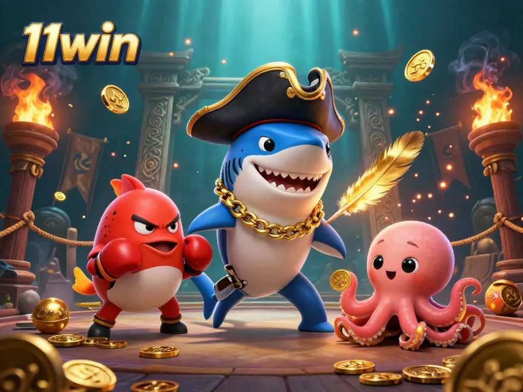 Engage with 11win's vibrant underwater casino world featuring a shark, pufferfish, and octopus.