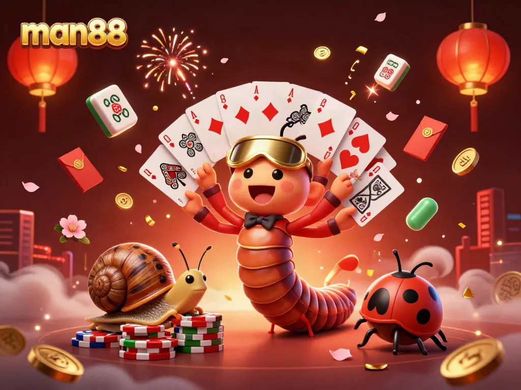 Experience thrilling gameplay with man88 as a lively millipede dealer and dynamic casino elements in a colorful illustration.