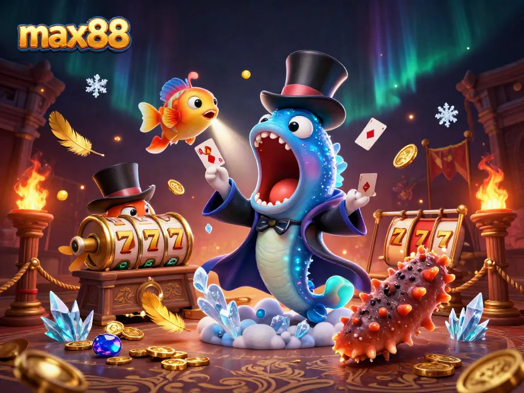 Experience magic with max88 as a gulper eel and anglerfish perform thrilling card tricks in a dynamic casino setting.