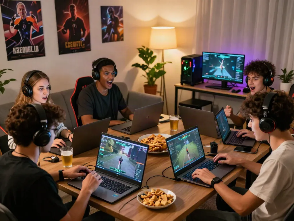 Engaging gaming scene at https://du88az.net/ with friends playing multiplayer games, showcasing excitement and camaraderie.