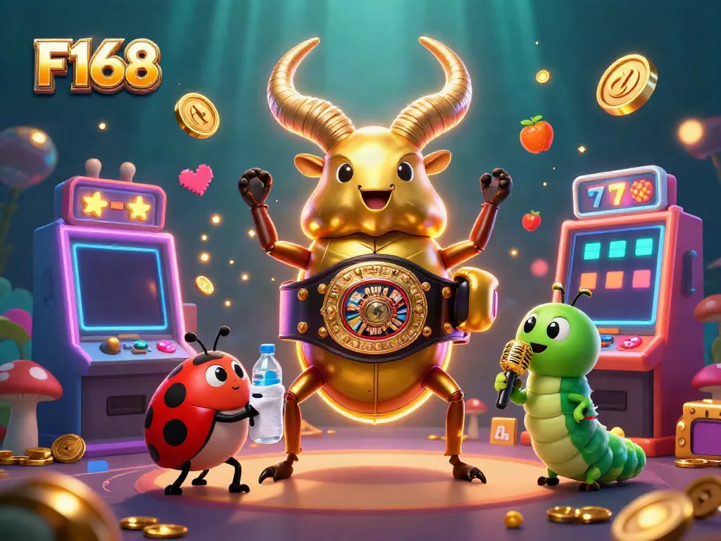 Experience F168's vibrant gaming atmosphere through this dynamic illustration featuring unique cartoon characters.
