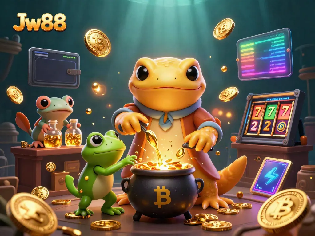 Engage in thrilling casino adventures with Jw88 elements illustrated in a vibrant, alchemical scene.