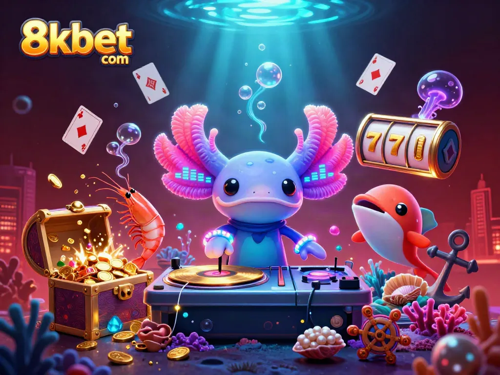Engage with thrilling gaming at 8xbet com amidst vibrant underwater characters and casino elements.