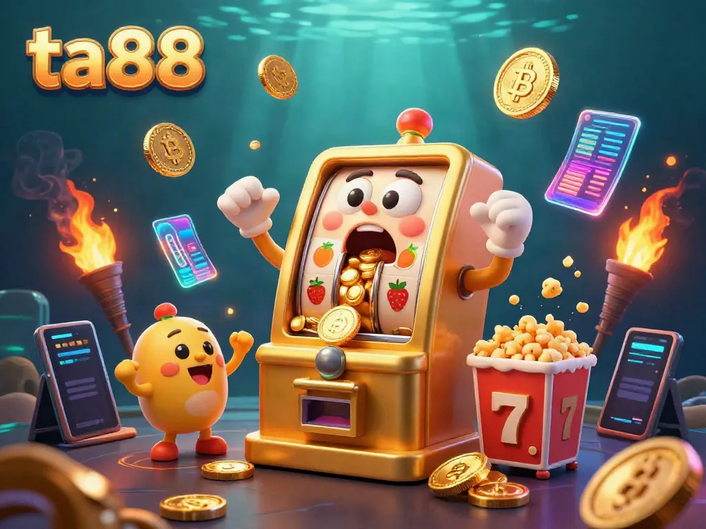 Engage in thrilling jackpots at ta88, where the golden slot machine leaps with excitement as coins rain down.