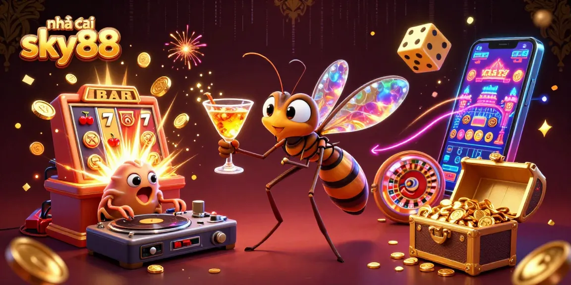 Experience the excitement of nhà cái sky88 with vibrant casino elements and characters in a dynamic 3D illustration.