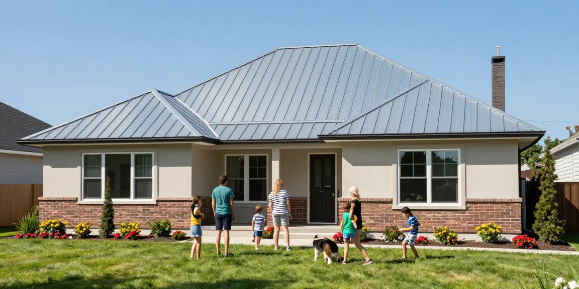 Premium metal roofing systems enhance home curb appeal with a family enjoying their outdoor space.
