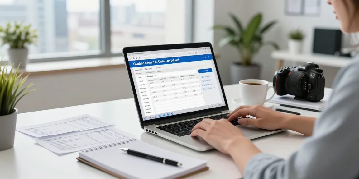 Efficient workspace with the Quebec Sales Tax Calculator displayed on a laptop for quick tax calculations.