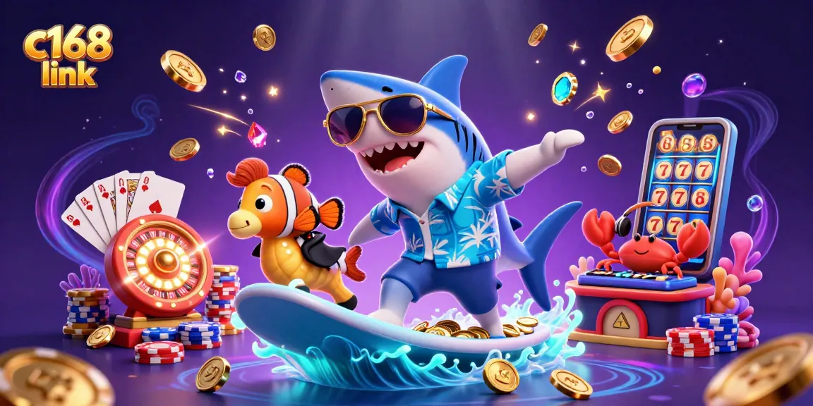 Experience thrilling gameplay with c168 link, featuring a shark and friends in a vibrant casino scene.
