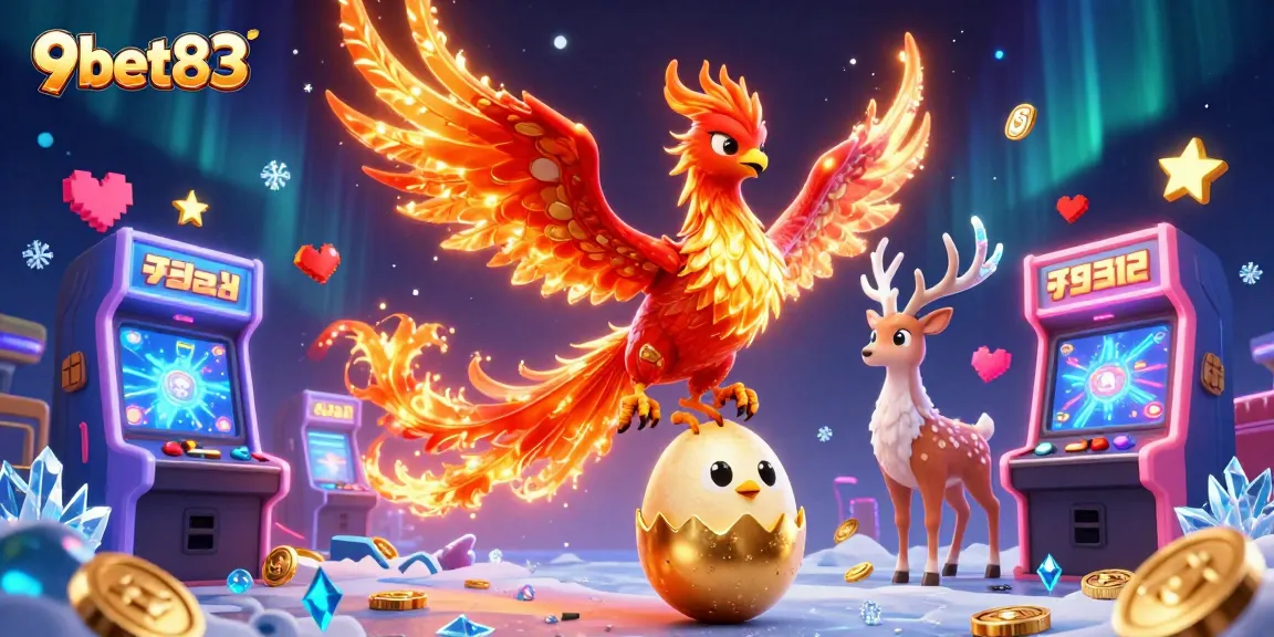 9bet83 engages players with a vibrant casino scene featuring a phoenix and gaming elements.