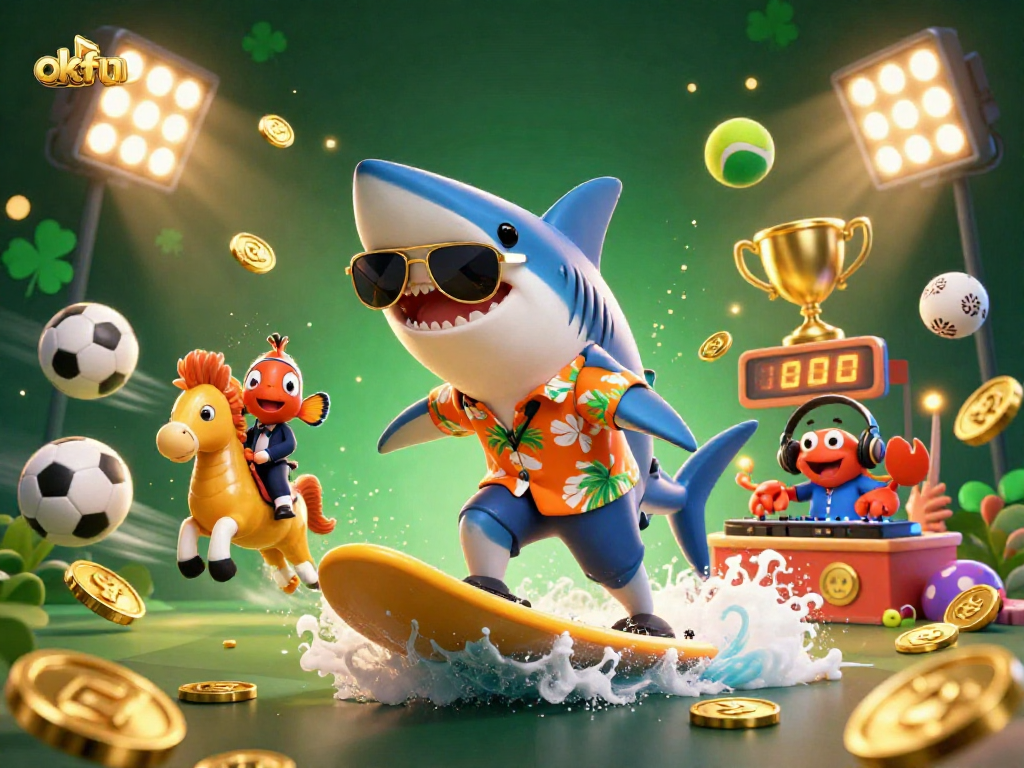 okfun players surfing on gold coin waves, surrounded by vibrant gaming elements and sports balls