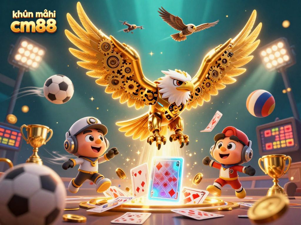 Engage with khuyến mãi cm88 featuring a cybernetic eagle amid sports excitement and golden tokens.