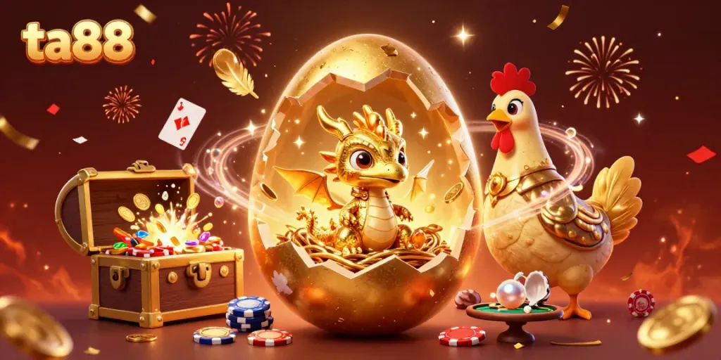 Experience exhilarating gaming at TA88 with a golden dragon revealing treasures on poker chips.