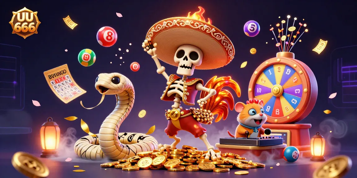 Experience the excitement of gaming at UU 666 with vibrant characters surrounded by colorful lottery elements.