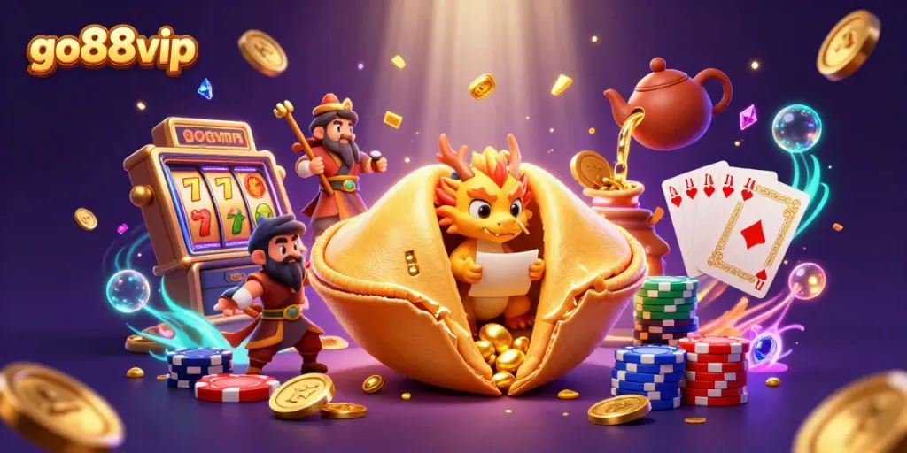 Spin the reels at go88vip's vibrant casino illustration featuring adventures with luck and fortunes.