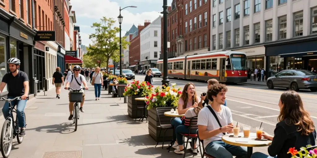 Vibrant urban street scene illustrating bustling life at streek.ca