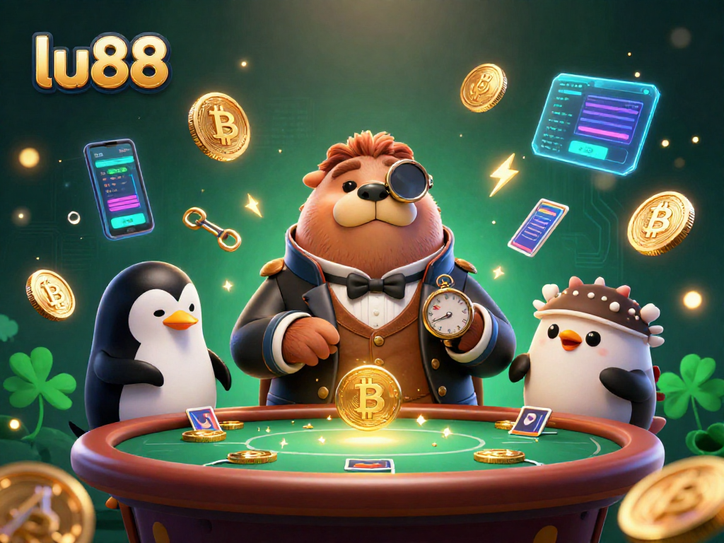 Experience thrilling gameplay at lu88 with a dramatic underwater poker scene featuring a walrus, penguin dealer, and a bluffing pufferfish.