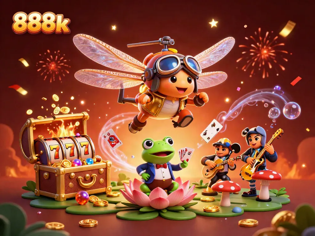 Engage with exciting 888k games featuring colorful 3D characters and casino elements in a dynamic scene.