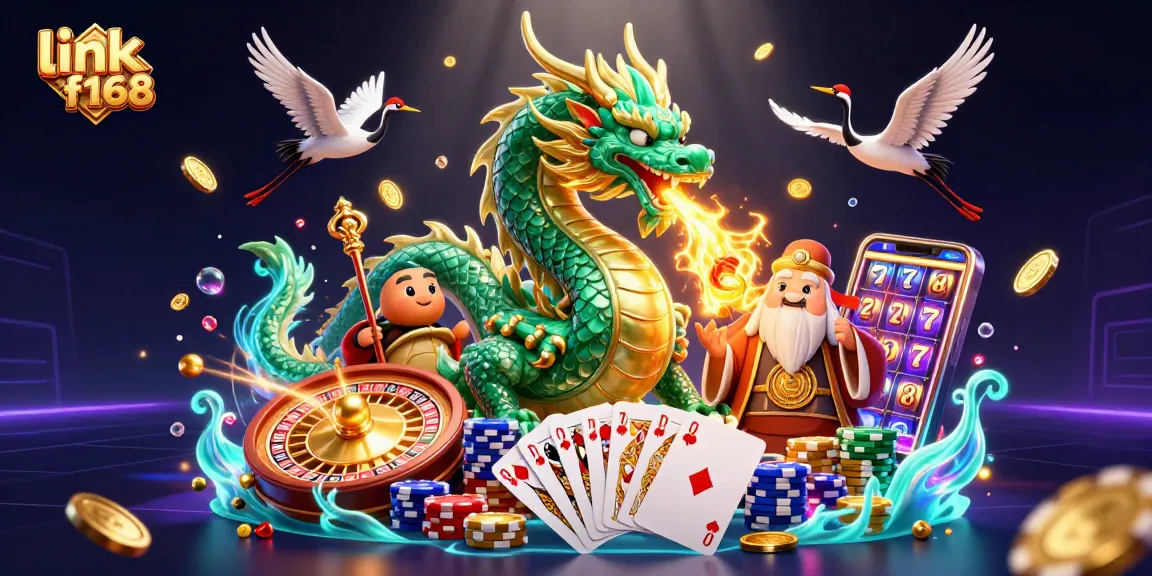 Experience the magic of link f168 with a vibrant 3D illustration featuring a jade dragon and dynamic casino elements.