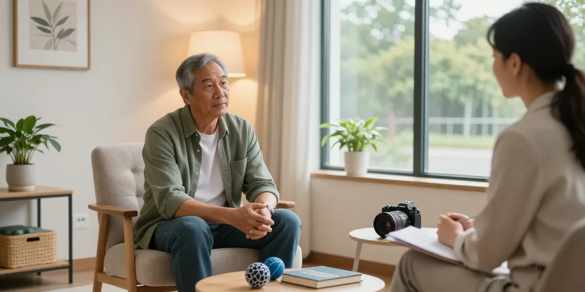 Veteran mental health clinic scene showing a compassionate therapist and veteran in a cozy office environment.