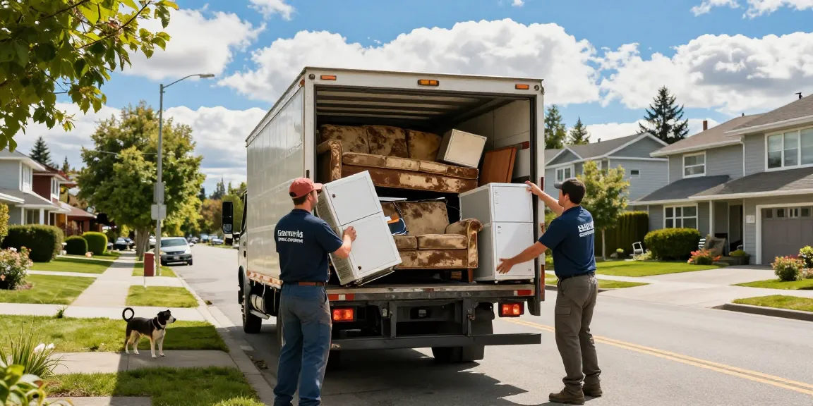 Junk Removal Company vancouver team efficiently clearing old furniture and appliances in a sunny residential area